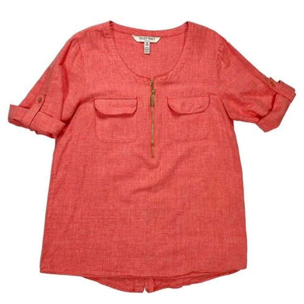 Ellen Tracy Linen Blend Half Zip Tassel Top Womens M Coral Pink Coastal Travel